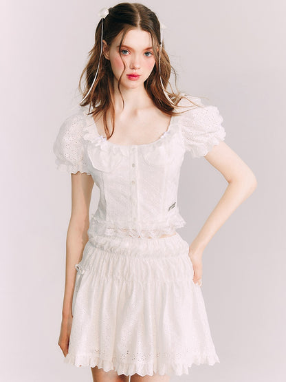 Cutwork Lace Puff Sleeve Top &amp; A-line Skirt