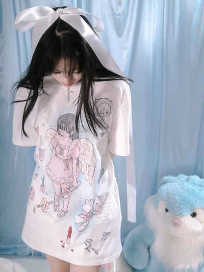 Girl Angel Print Loose T-Shirt