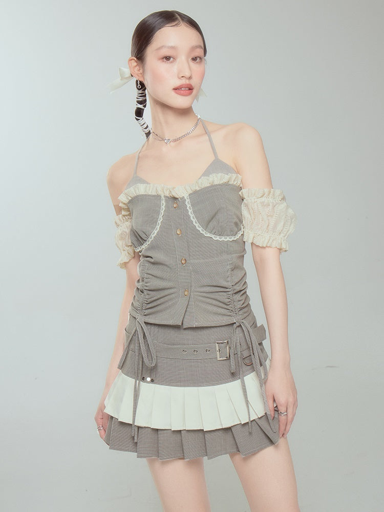 Halter Neck Suspender Top &amp; Short Pleated Cake Skirt