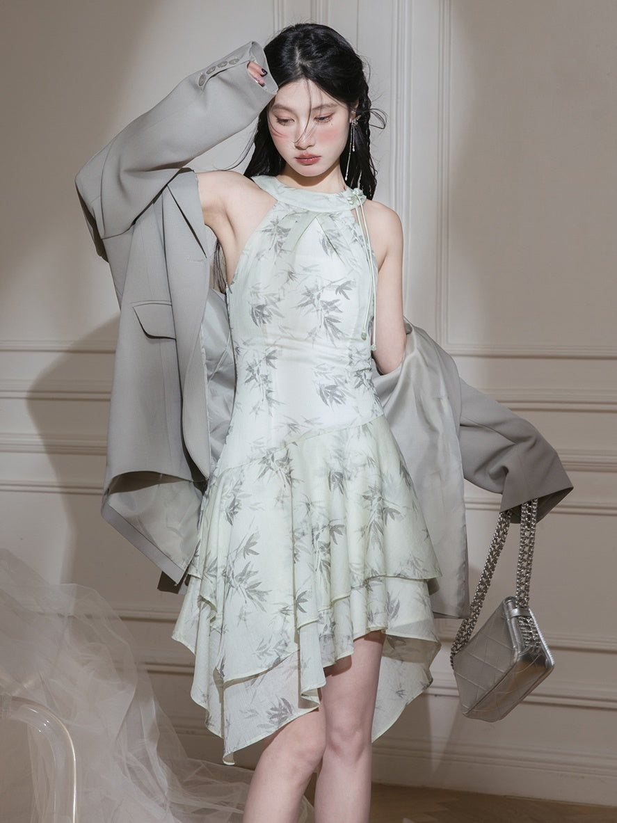 Chinese Style Shoulder-cut Bamboo Shadow Print Dress