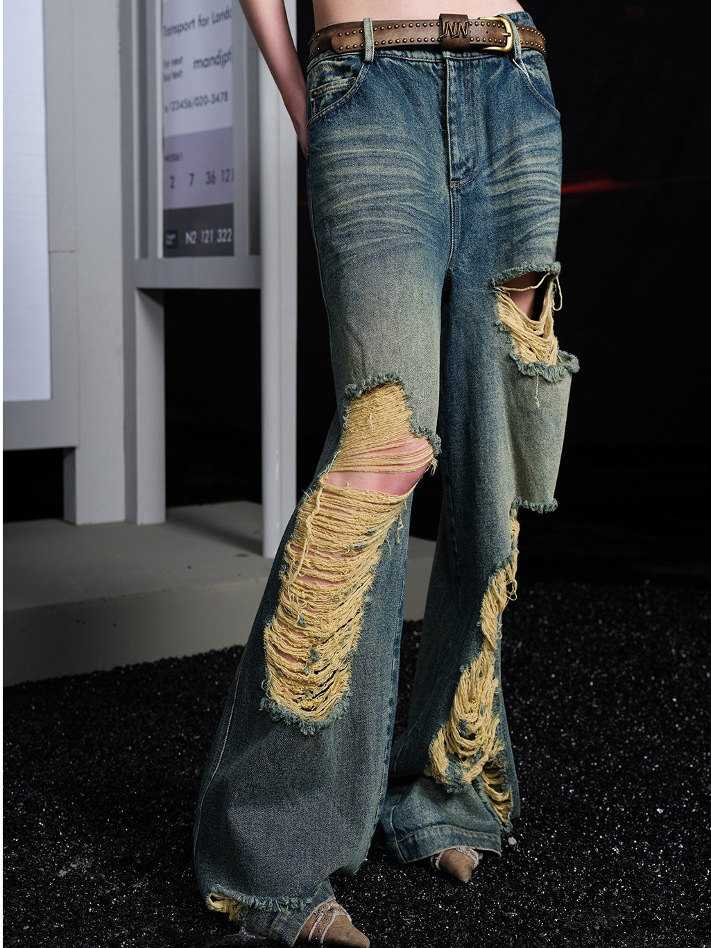 Washed Ripped Wide-leg Jeans