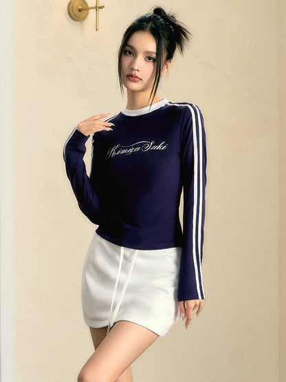 Hit Color Shoulder Line Long-sleeved T-shirt