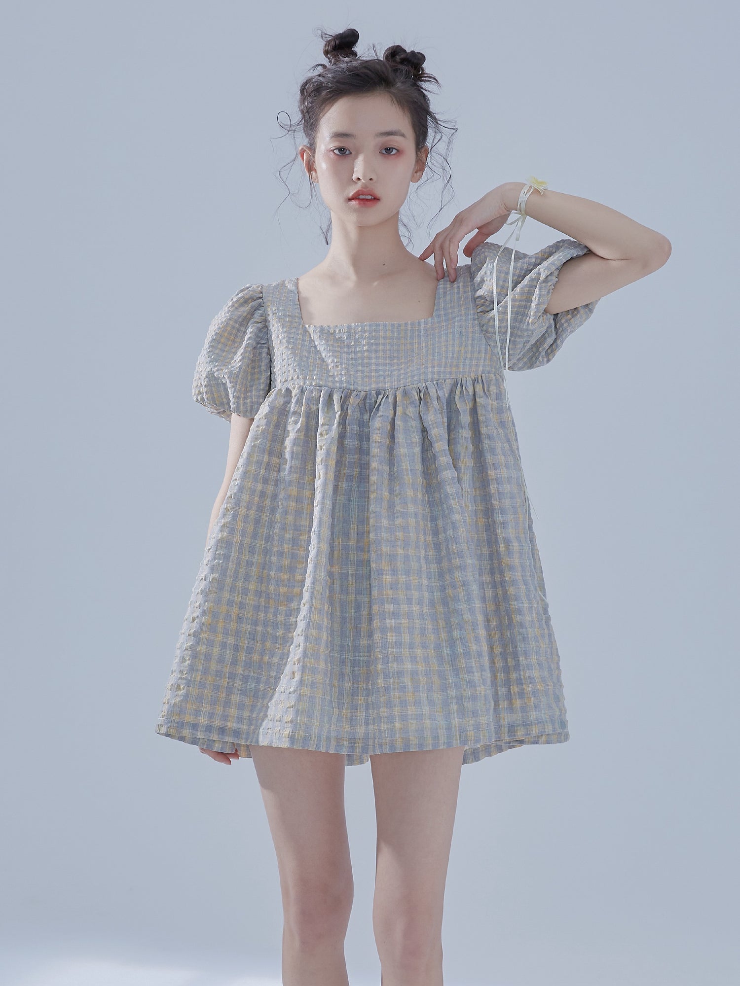 Plaid Puff Sleeve Square Collar Puffy Baby Doll One-piece