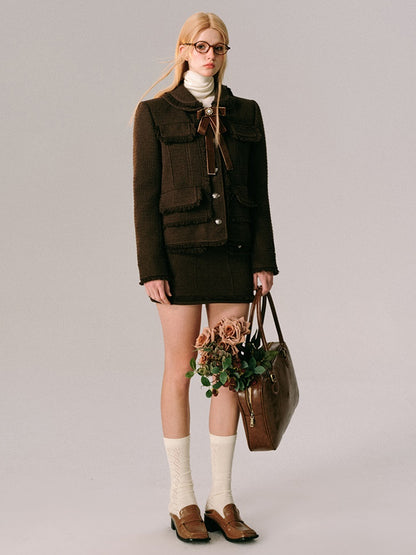 College Style Tweed Short Jacket &amp; Mini Skirt