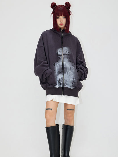 Blurred Portrait Print Zipper Hoodie