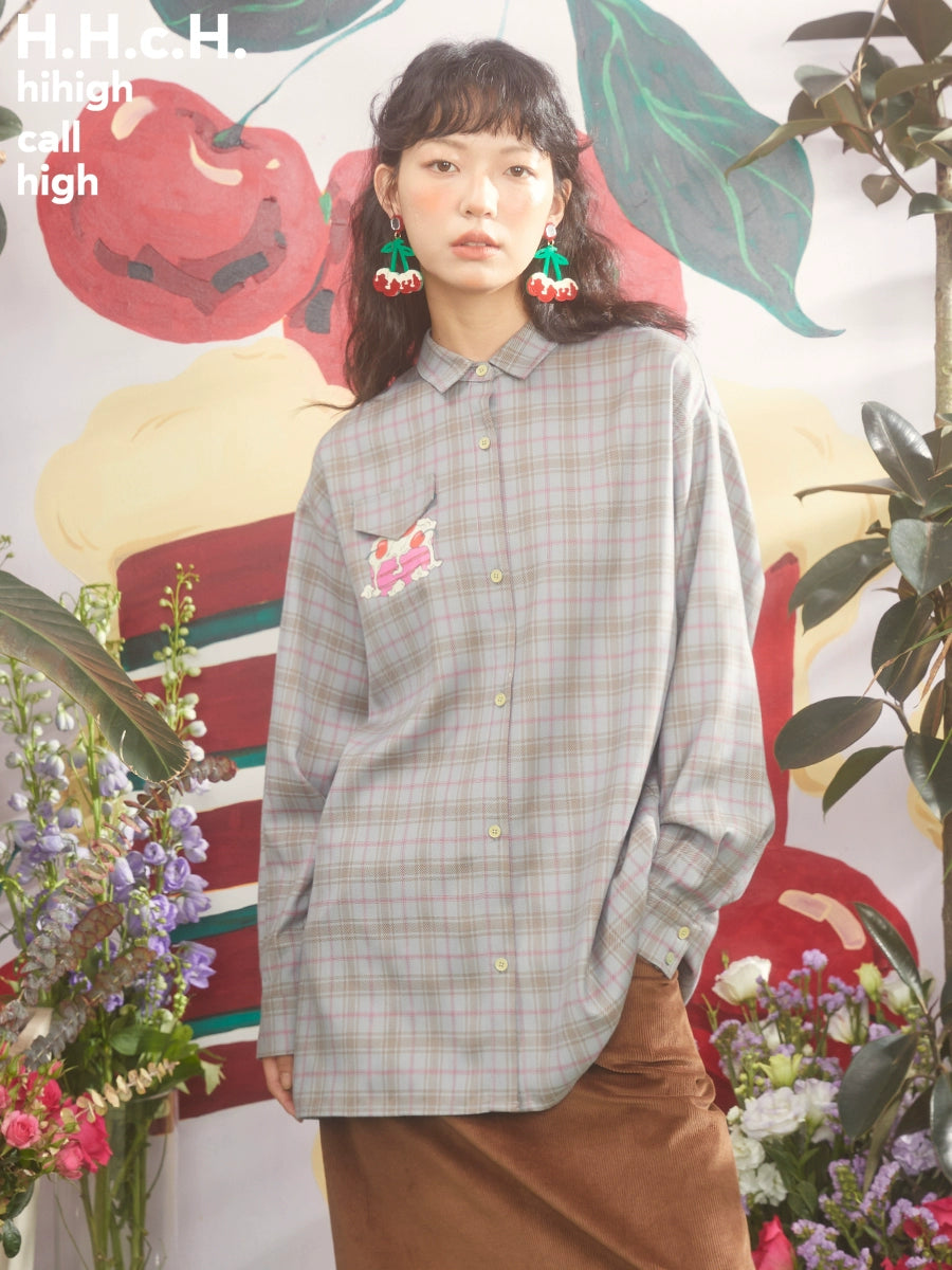 Cherry Cream Cake Print Plaid Loose Shirt