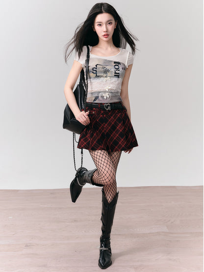 Printed Lace Stitching Bow Slim T-Shirt