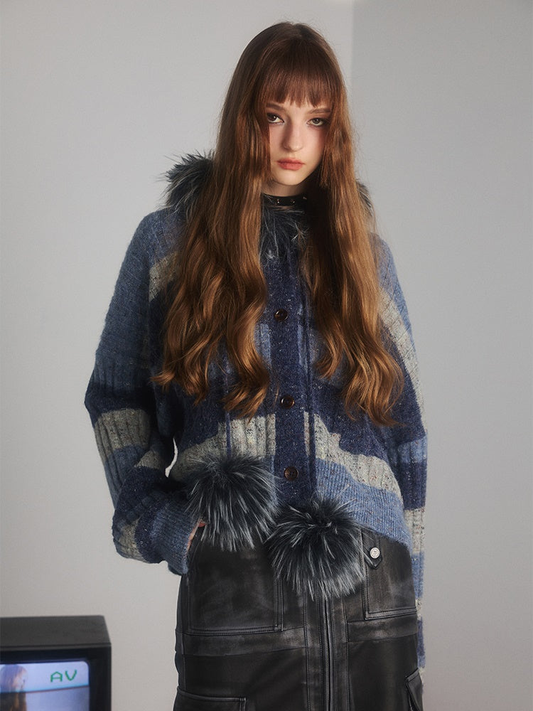 Border Fur Edge Knitted Hooded Cardigan