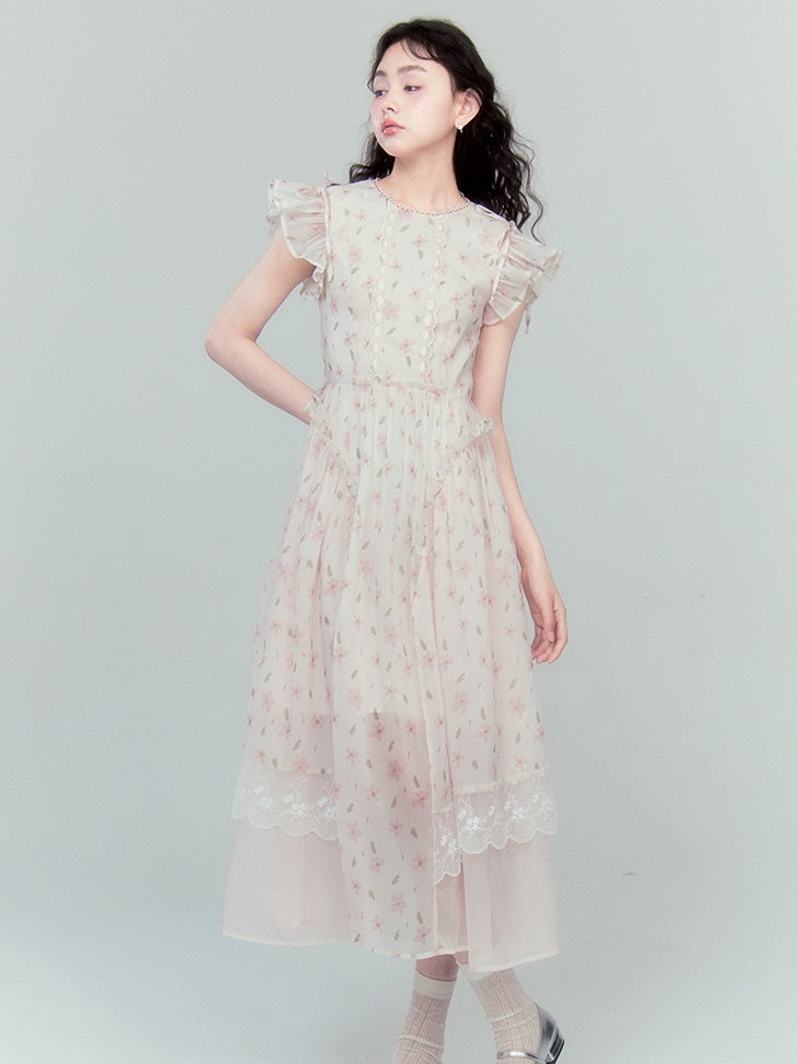 Flying Sleeve Lace Ruffled Dress