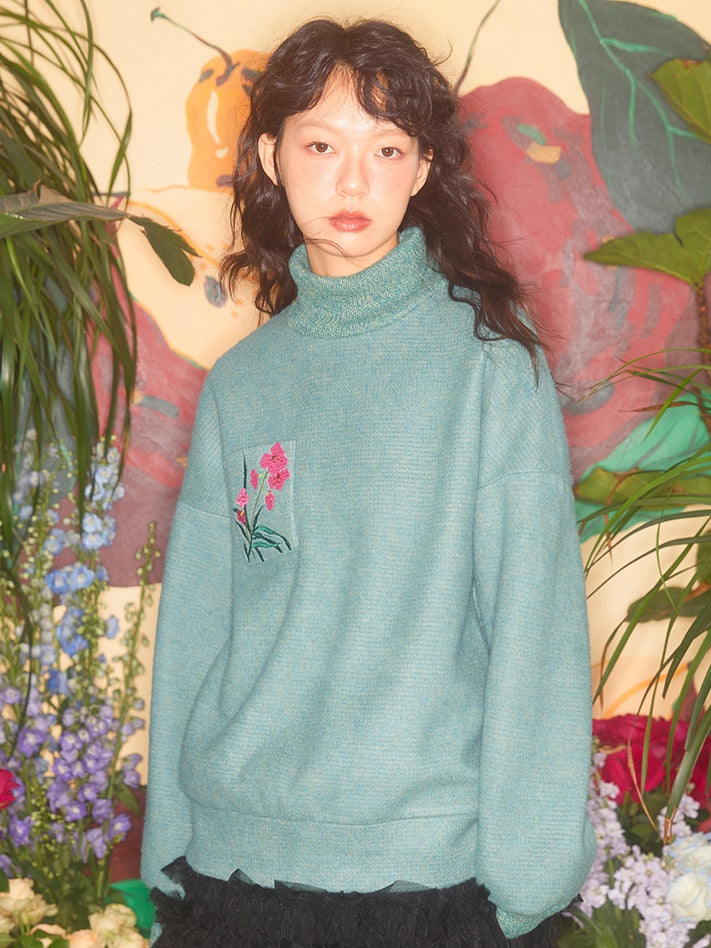 Butterfly Orchid Embroidery High-neck Sweater