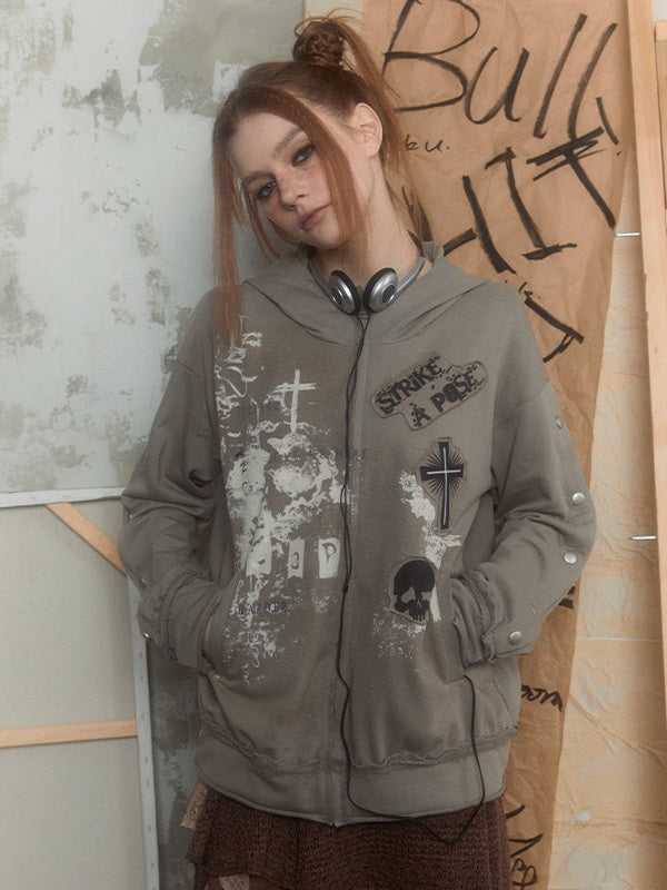 Print Collage Design Gray Loose Hooded Parka