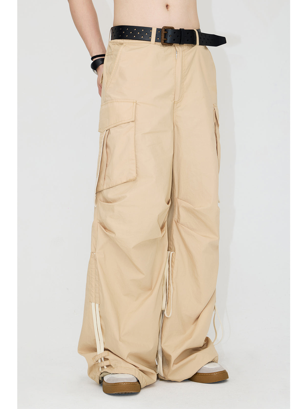 Drawstrings Color Matching Knee Pleated Loose Parachute Pants