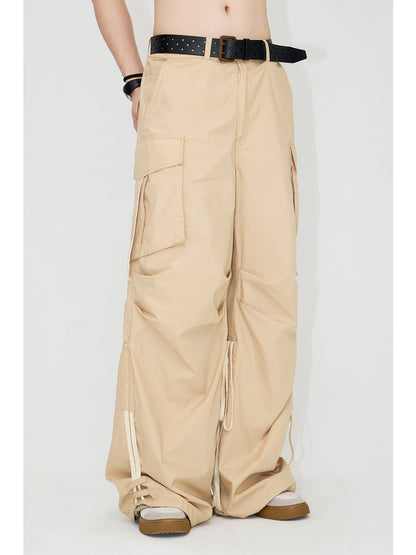 Drawstrings Color Matching Knee Pleated Loose Parachute Pants