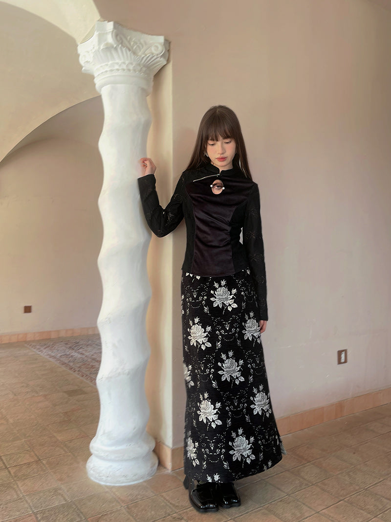 Retro Jacquard Side Slit Long Skirt