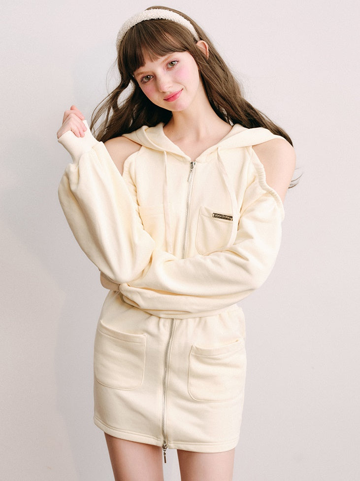 Hooded Cut Shoulder Sweatshirt One-piece