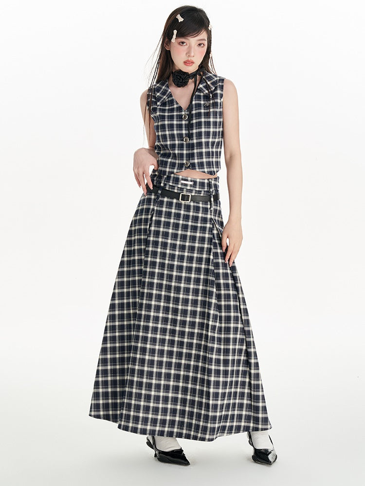 Plaid Short Vest &amp; High Waist A-line Long Skirt