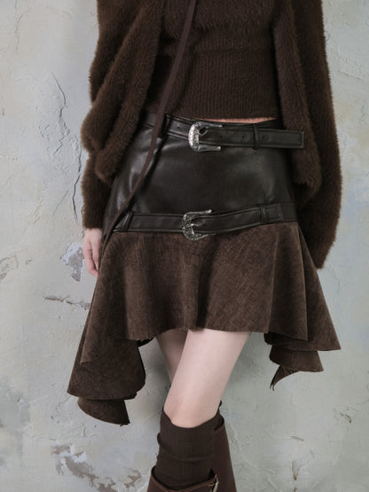 Belt Accent Irregular Thin Leather Switching Skirt