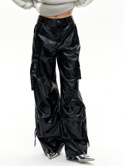 PU Leather Wide-leg Cargo Pants