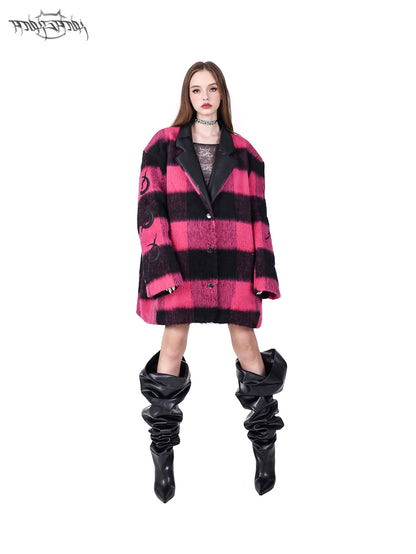 Plaid Leather Embroidered Shoulder Pads Genderless Coat