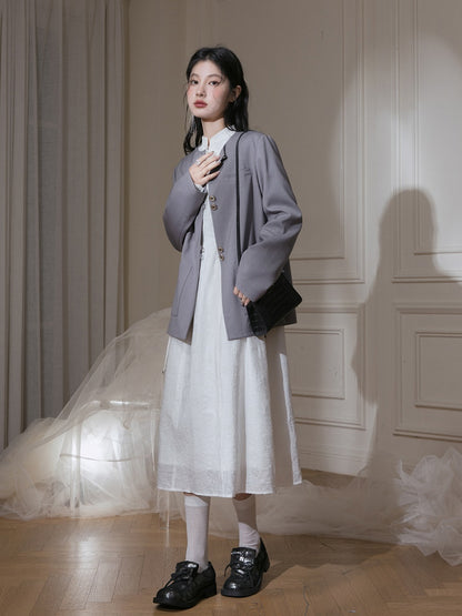 Chinese Style No-Collar Jacket ＆ Vest ＆ Pleated Skirt Set-up