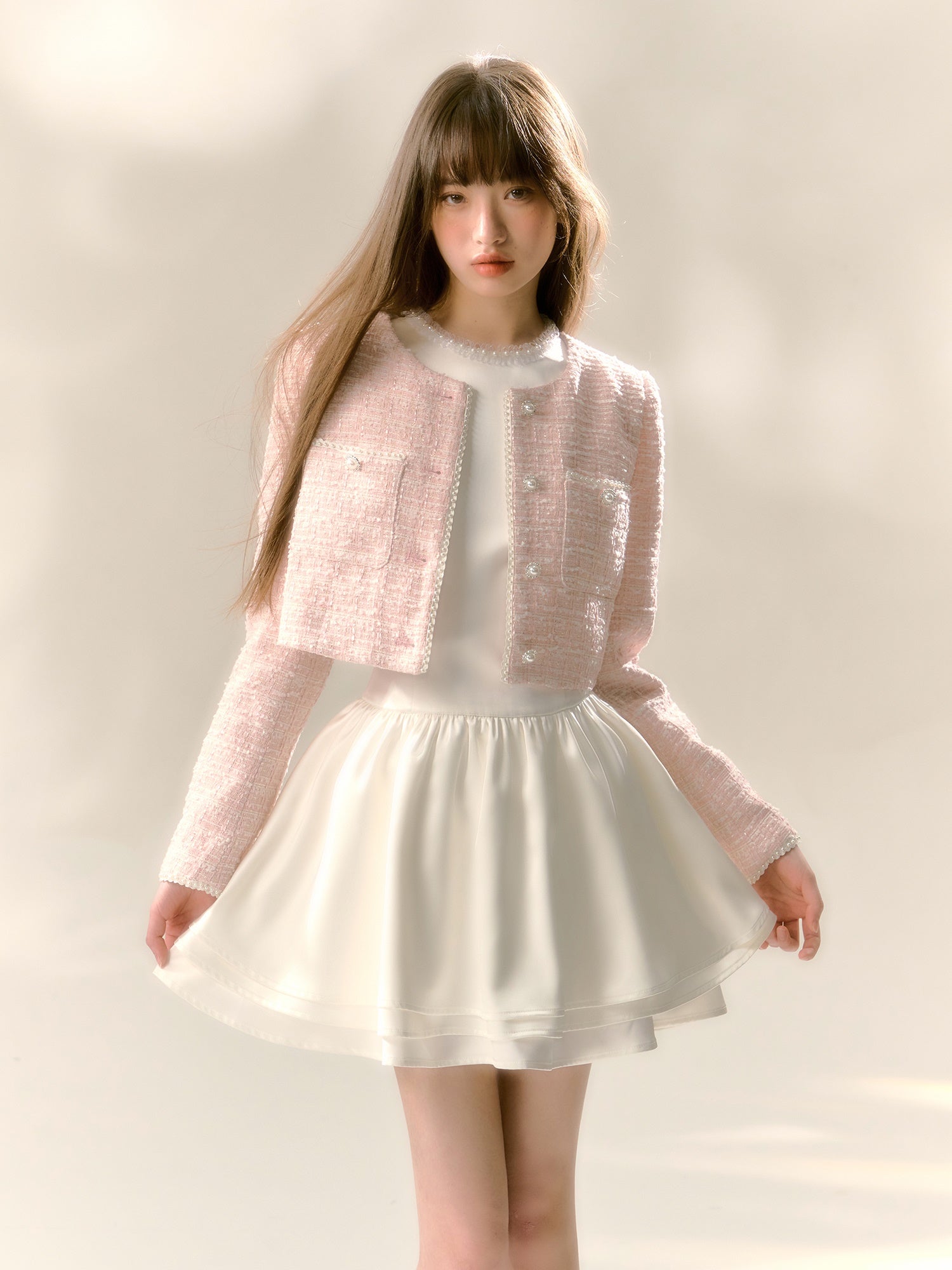 Fine Glitter Girly Pearl Lace Straight Braided Short Jacket