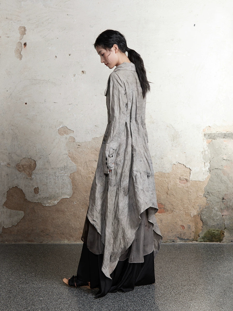 Plant-dyed Pleated Textured Lapel Long Coat