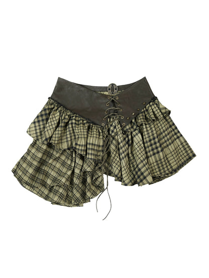 Waist Lace-Up Plaid Splicing Irregular Short Skirt