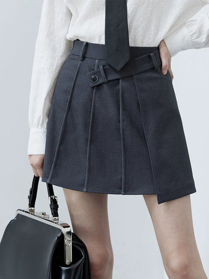 High Waist Oblique Buckle Pleated Skirt