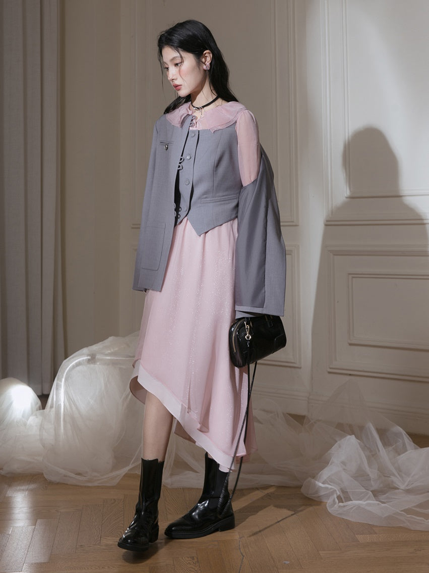 Chinese Style No-Collar Jacket ＆ Vest ＆ Pleated Skirt Set-up