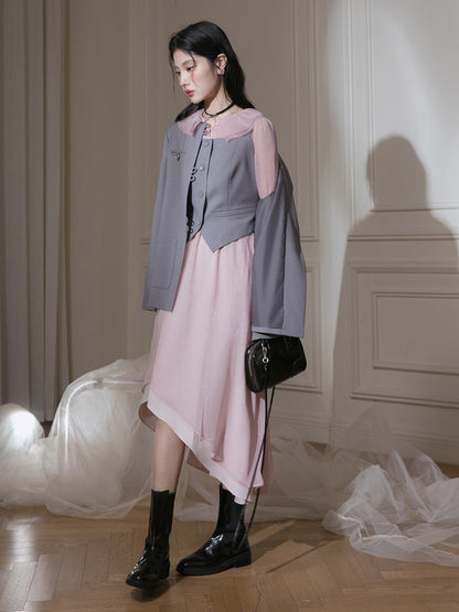 Chinese Style No-Collar Jacket ＆ Vest ＆ Pleated Skirt Set-up