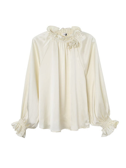 Balloon-Sleeve Rose Feminine Elegant Plain Blouse