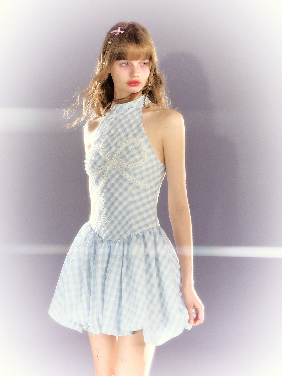 Check Pearl Bow American Sleeve Bud Dress