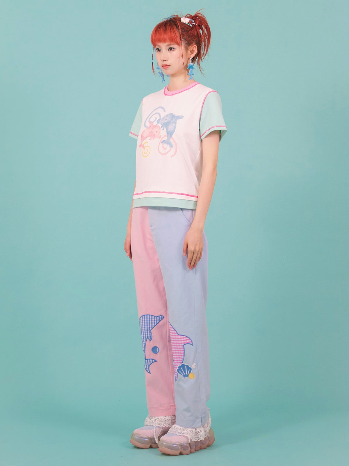 Contrast Color Dolphin Lace Casual Loose Trousers