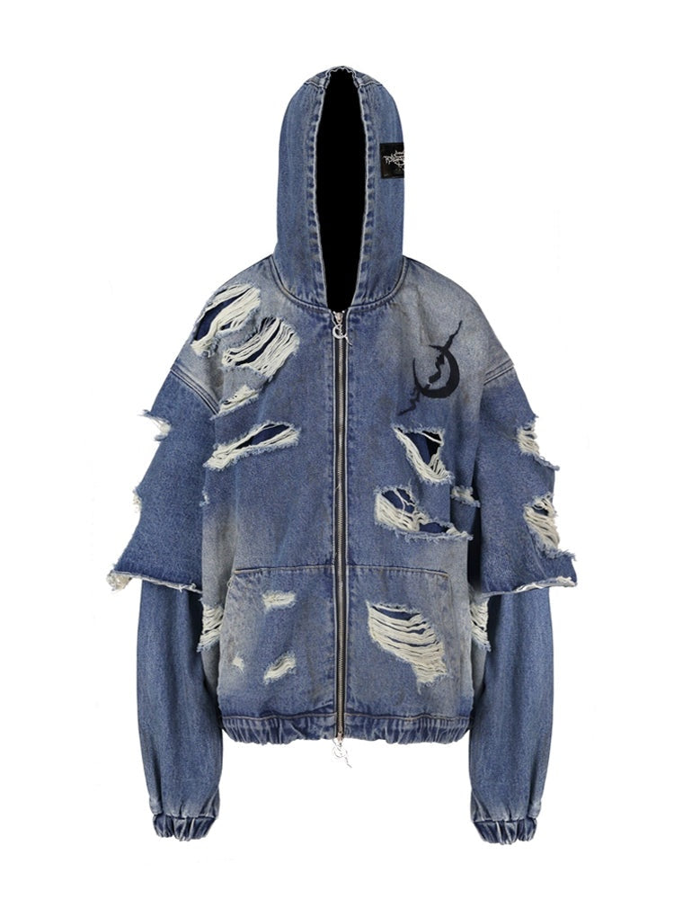 Holes Loose Genderless Hooded Denim Jacket