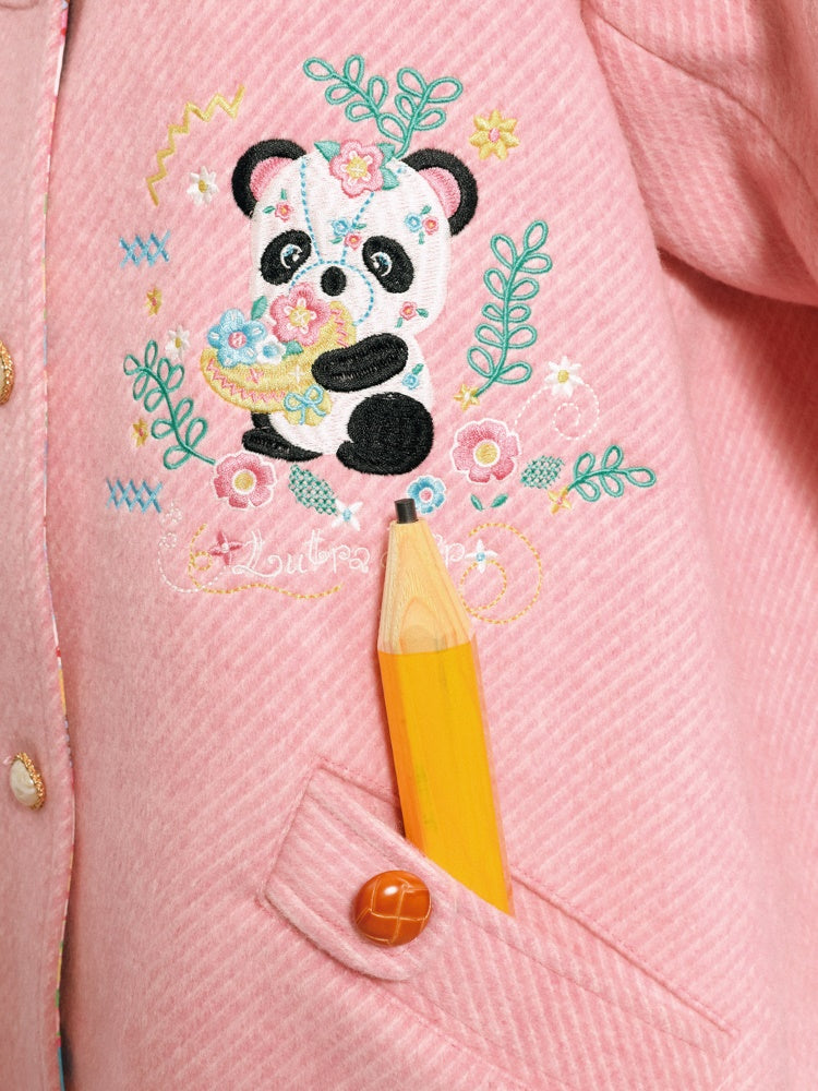 Panda Embroidered Doll Collar Mid-length Coat