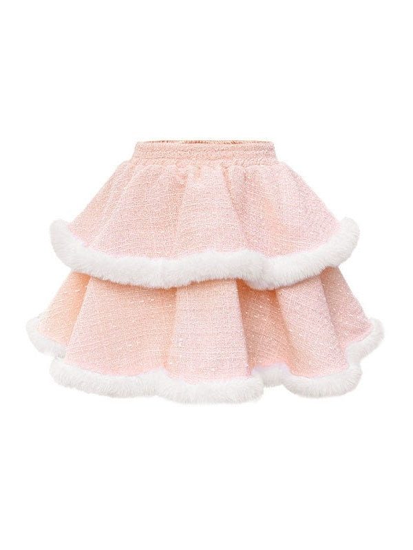 Plaid Tweed Flower Ribbon Design Camisole ＆ Furry Puff Skirt