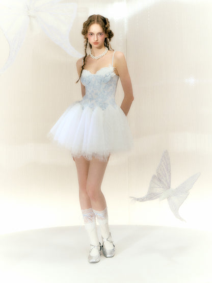 Flower Pearl Butterfly Ballet Style Mesh Suspender Dress