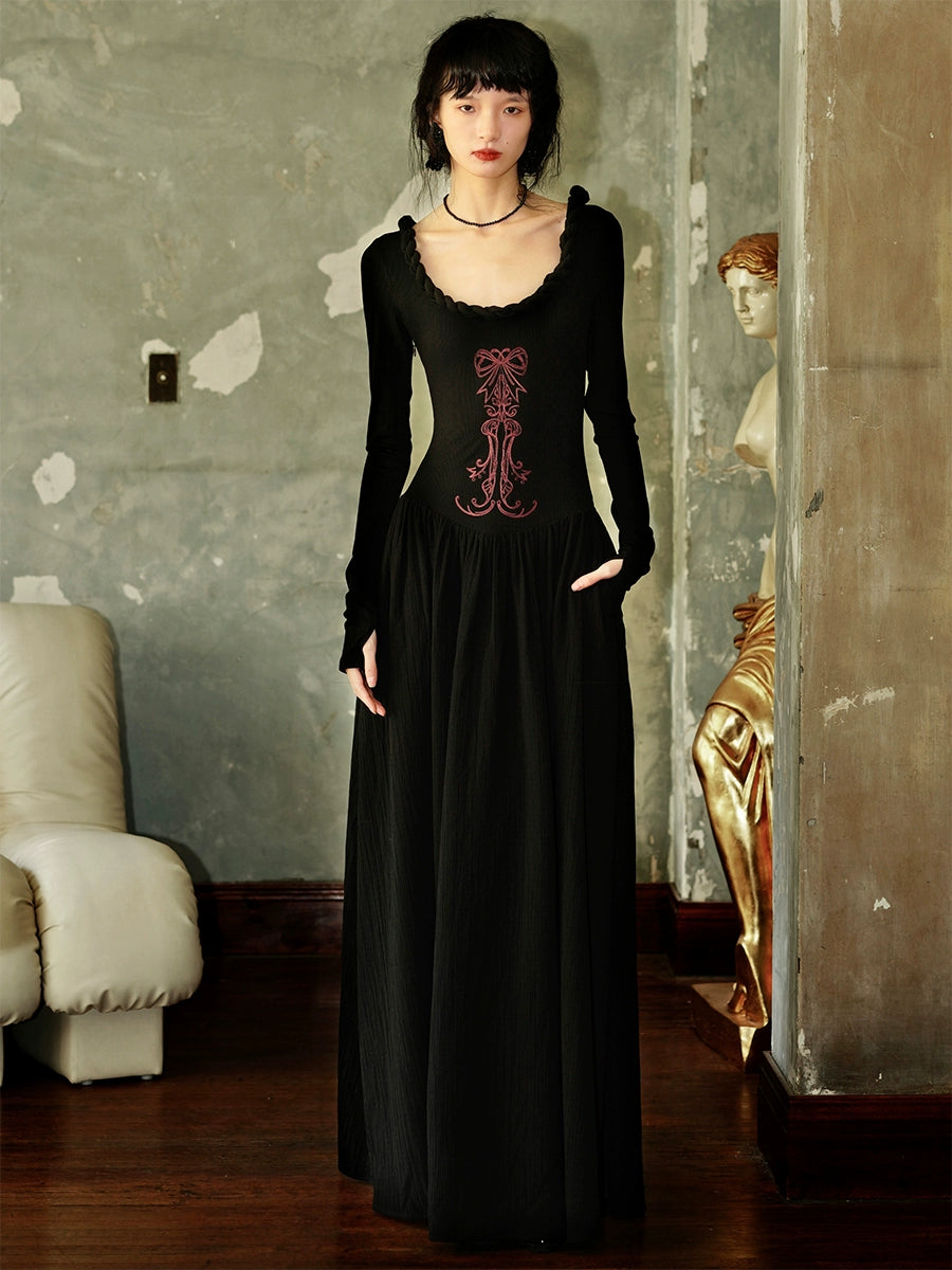 U-Neck Embroidery Waist Switching Long Dress