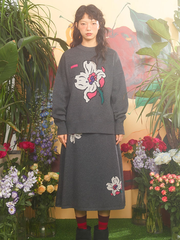 Retro -Kirschblüte Jacquard -Pullover und gestrickter Rock