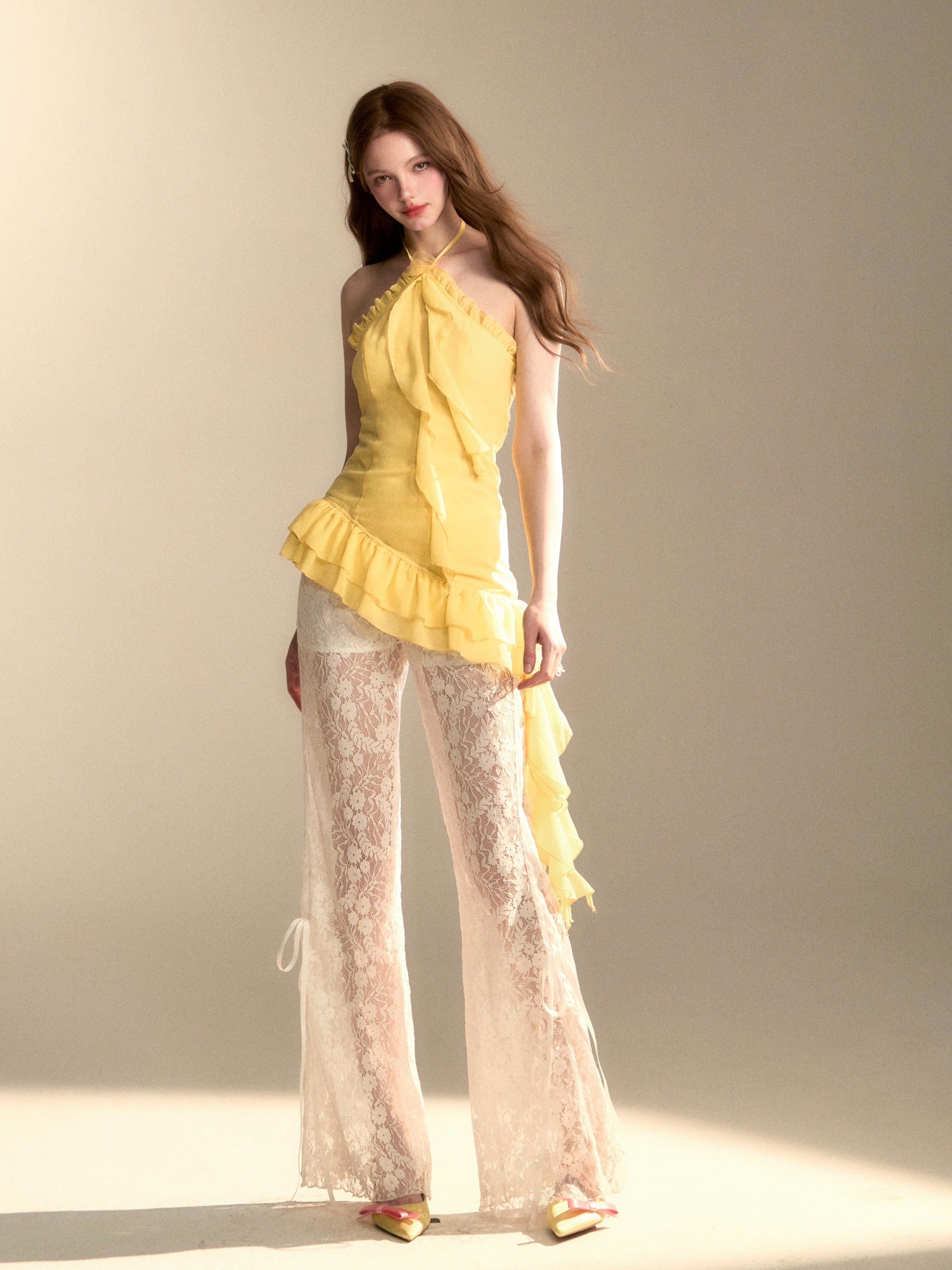 Lace Mesh Cut-out Flared Pants