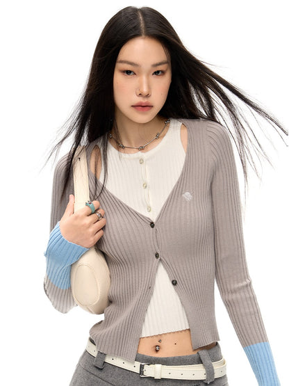 Fake Layered Double Placket Knitted Cardigan