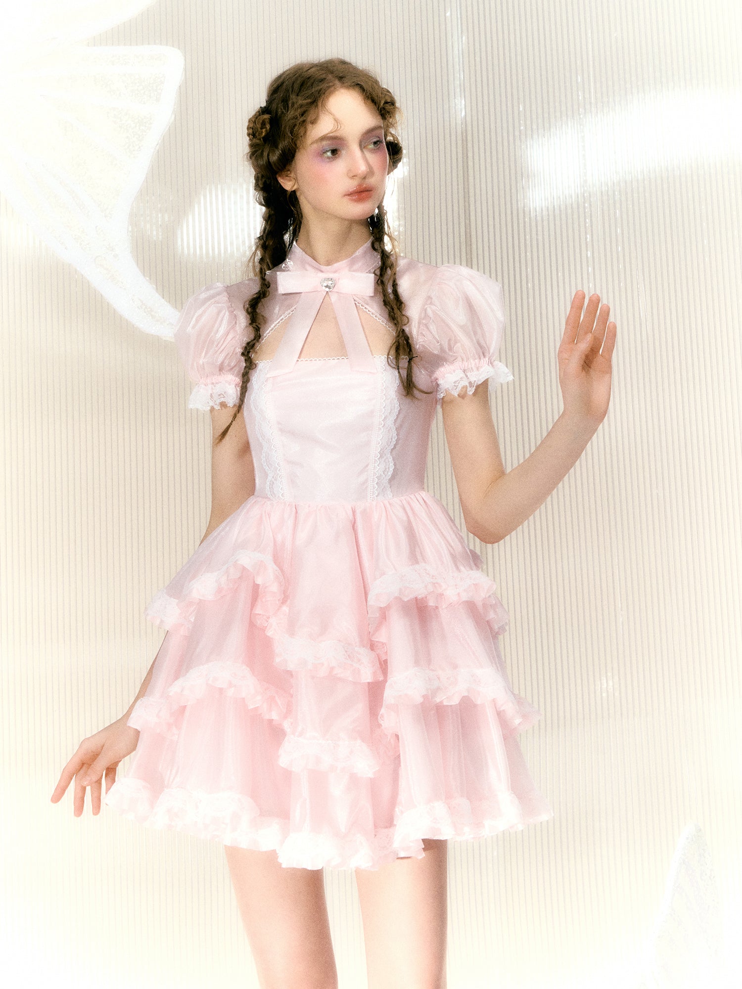 Organza Rhinestone Bow Short-sleeved Lace Princess Dress