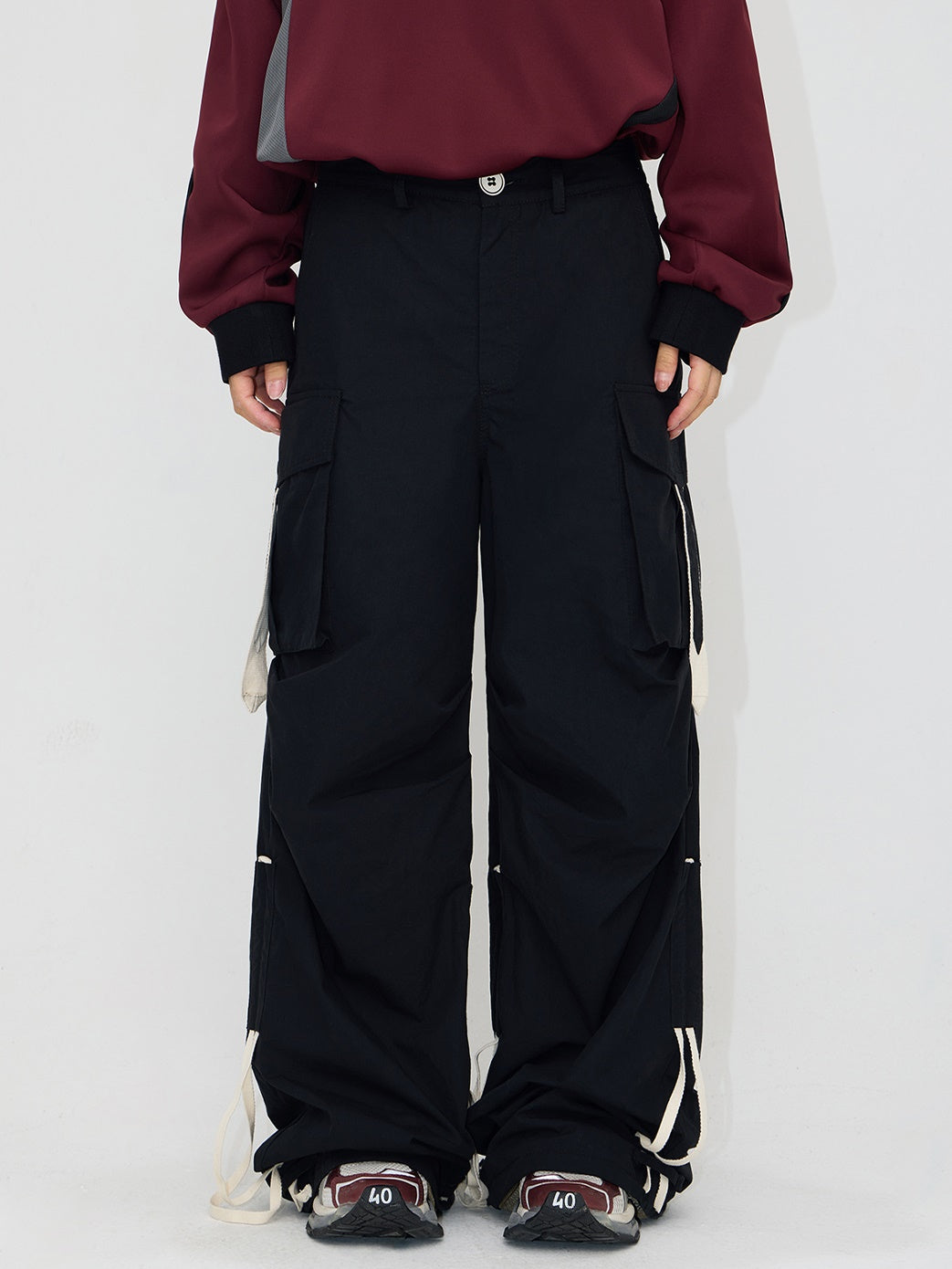 Drawstrings Color Matching Knee Pleated Loose Parachute Pants