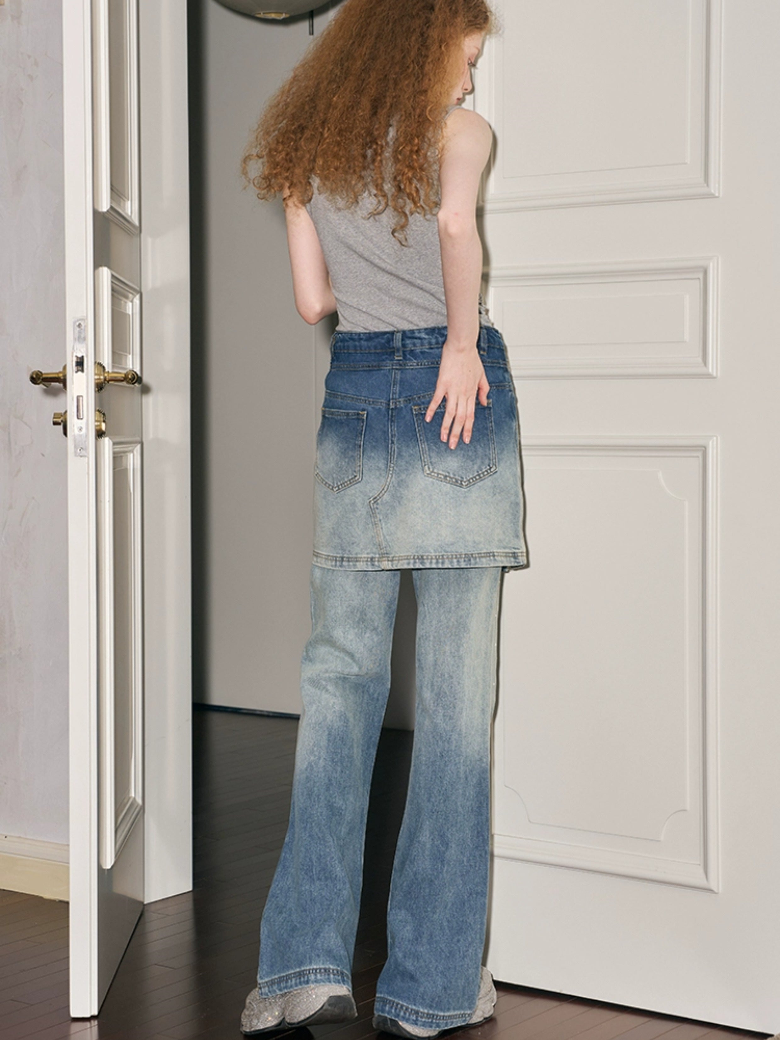 Fake Two-piece Gradation Wash Flared Denim Skirt Pants