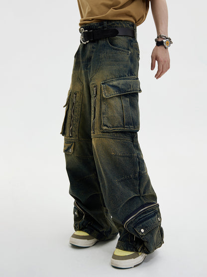 Distressed Multi-pocket Loose Wide-leg Cargo Jeans