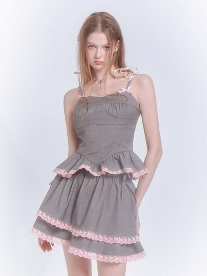 Stitching Lace Pleated Suspenders Top &amp; Cake Skirt