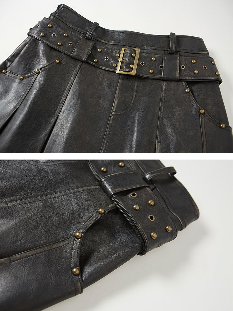 Jupe de ceinture rivet en cuir rétro