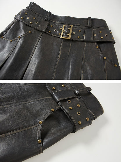 Retro Leather Rivet Belt Skirt