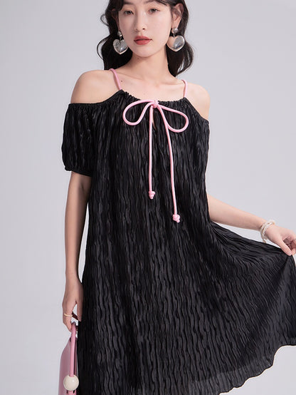 Pleated Cut-shoulder Short-sleeved One-piece