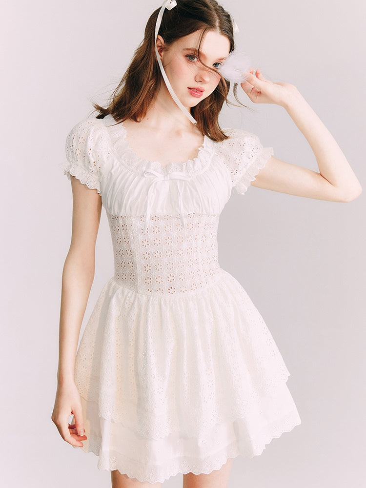 Embroidered Lace Waist Hollow Short Dress